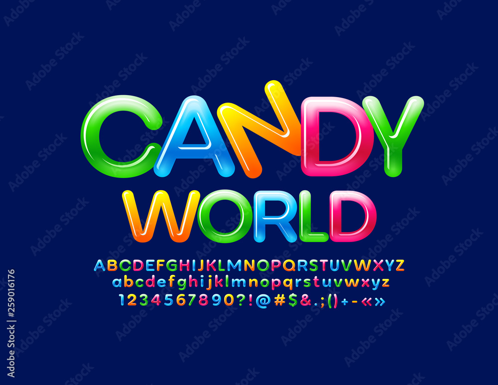 Vector colorful emblem Candy World with sweet glossy Font. Bright