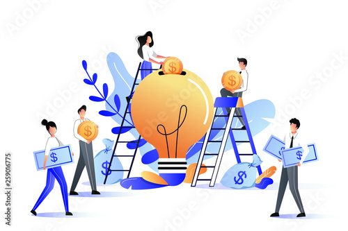 Crowdfunding and investment into idea or business startup. Vector flat illustration.