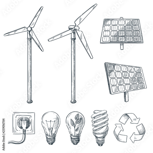 Alternative eco and renewable energy sources. Vector hand drawn sketch illustrations. Wind generator and solar battery symbol