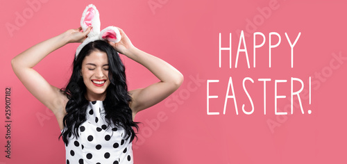 Happy Easter message with young woman with Easter theme