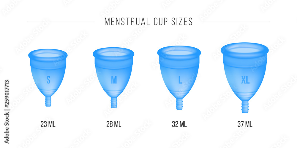 Menstrual cup set. 3D realistic. Female intimate hygiene, menstruation cup.  Different sizes of cups S, M, L, XL. Vector illustration. Stock Vector