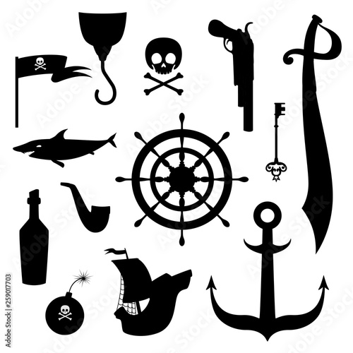 Set of pirate attributes silhouettes for the holiday in a cartoon style