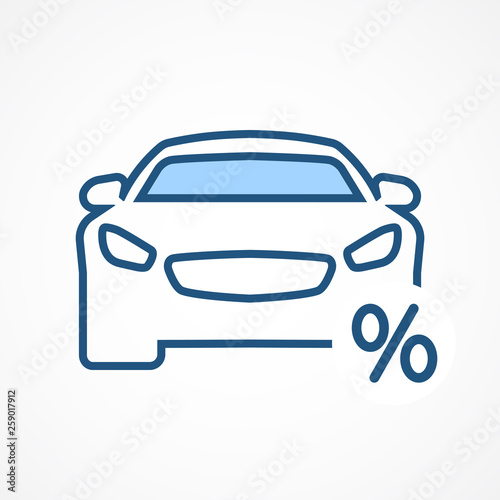 Car loan icon. Vehicle and percent sign. Car leasing percent icon. Transport loan sign. Credit percentage symbol. Vector illustration - topics like banking, bank, interest rate, vehicle purchase.