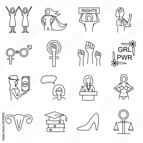 Feminism Signs Black Thin Line Icon Set. Vector