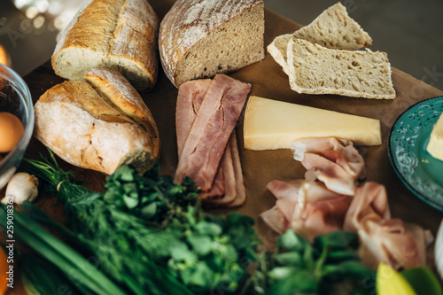 Assorted food on a wooden table