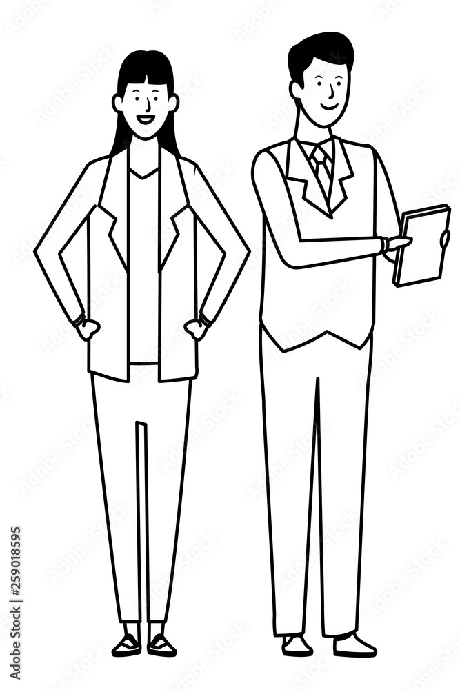 business couple avatar cartoon character black and white business couple avatar cartoon character black and white