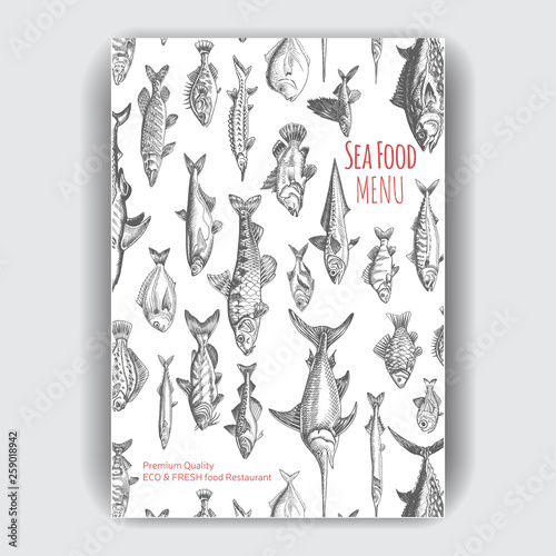 Vector illustration sketch - seafood. Card Menu restaurant. vintage design template, banner