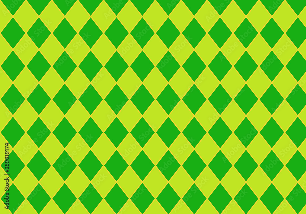 Seamless geometric pattern with green and chartreuse rhombs crossed with golden yellow stripes