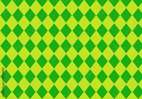 Seamless geometric pattern with green and chartreuse rhombs crossed with golden yellow stripes