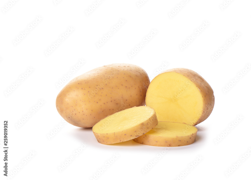 Potato cut slices isolated on white background. Copy space Potato cut slices isolated on white background. Copy space