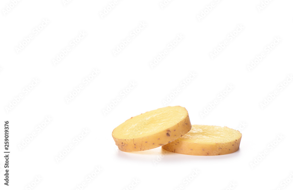 Potato cut slices isolated on white background. Copy space Potato cut slices isolated on white background. Copy space