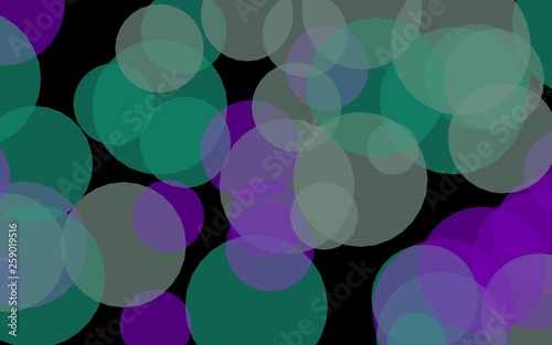 Multicolored translucent circles on a dark background. Green tones. 3D illustration