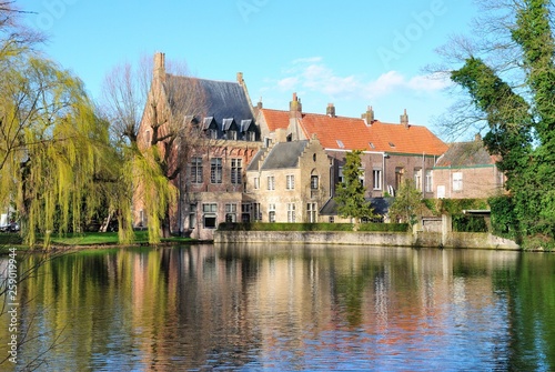 Fototapeta Naklejka Na Ścianę i Meble -  View of the Groenerei canal and the medieval houses in Brugge (Bruges), Belgium