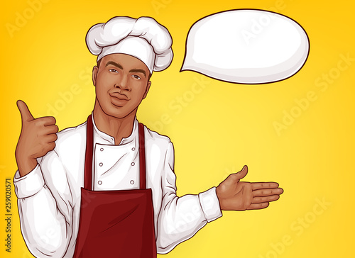 Restaurant, cafe opening promotion campaign pop art vector banner. African-american chef cook in uniform, toque and red apron welcoming guests, showing thumbs up illustration with blank speak cloud