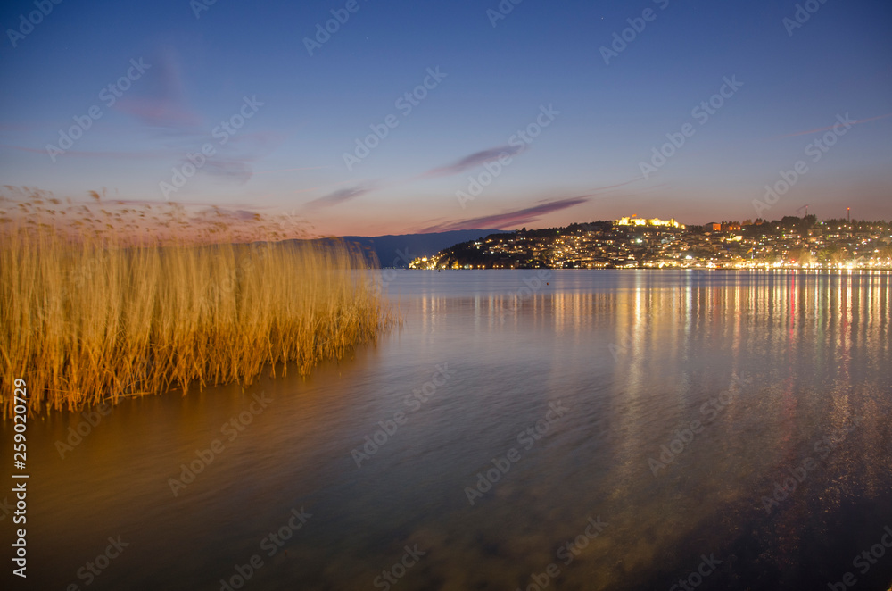 Ohrid, Macedonia – Night scene - view toward old town – Ohrid Lake