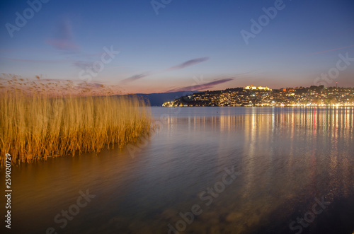 Ohrid, Macedonia – Night scene - view toward old town – Ohrid Lake