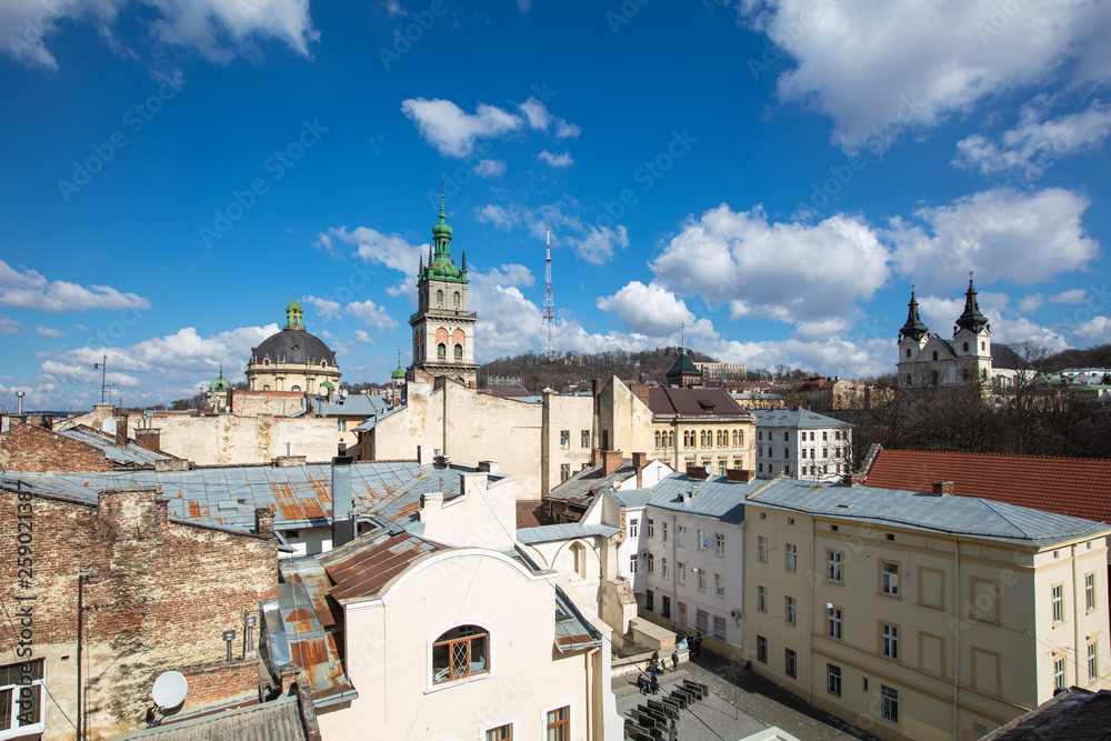 Lviv panoramic view on Dominican church and Dormition church