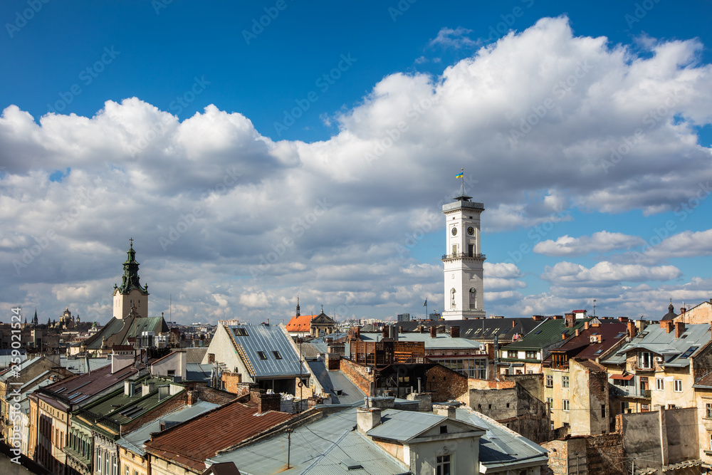 Lviv panoramic view on Latin cathedral and City Hall