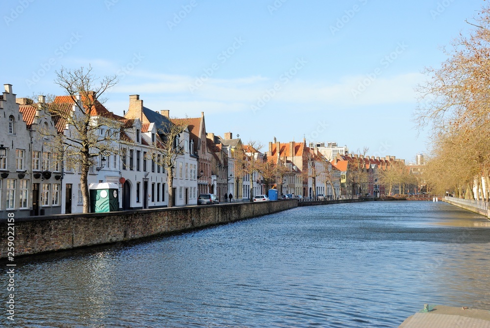 The Langerei canal with the Langerei street on the left in Brugge (Bruges), Belgium