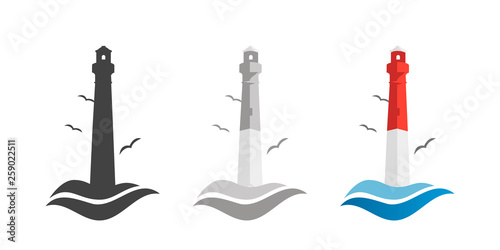 lighthouse and ocean waves. logo icon. Set in flat style. Lighthouse stylish design. Vector illustration