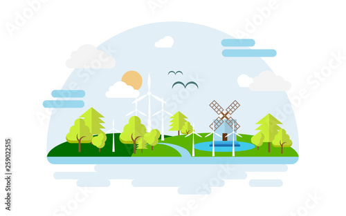 Eco city. Modern flat design style. Concept energy city. Illustration in landscape style. Vector illustration