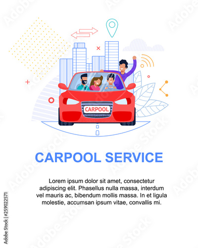 Carpool Service Banner. Red Car with People. Flat