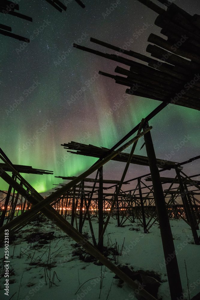 Northern Lights shine in sky above silhouette of cod drying racks