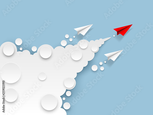 Red paper airplane flying on the blue sky and cloud ahead of another two. Business leadership ,financial concept. Paper cut art style of business success and leadership creative concept idea.