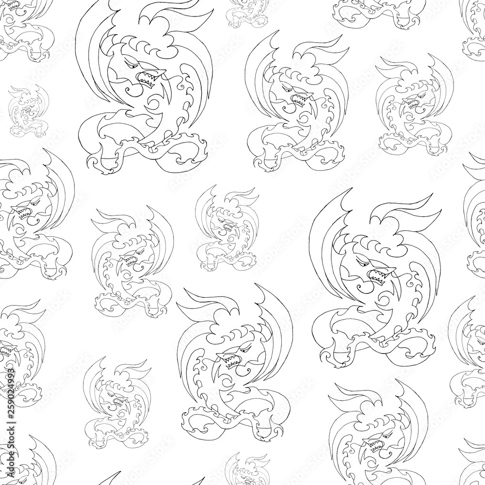 dragon, different size, in black and white, pattern, white background dragon, different size, in black and white, pattern, white background