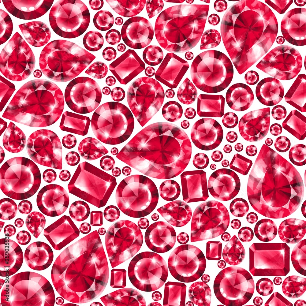 Seamless red gemstones pattern on white. Jewels luxury background. Seamless red gemstones pattern on white. Jewels luxury background.