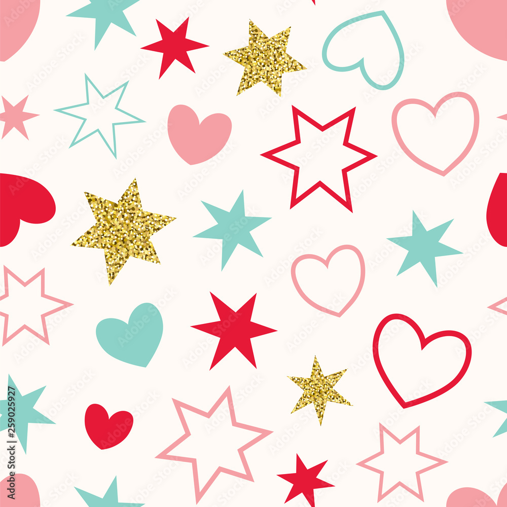 Obraz premium Seamless vector pattern with golden, pink, blue, red hearts, and stars.