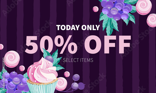 Hand drawn realistic type for Sale in the shape of delicious and colorful cupcake with berries on a flyer, brochure, poster template layout.