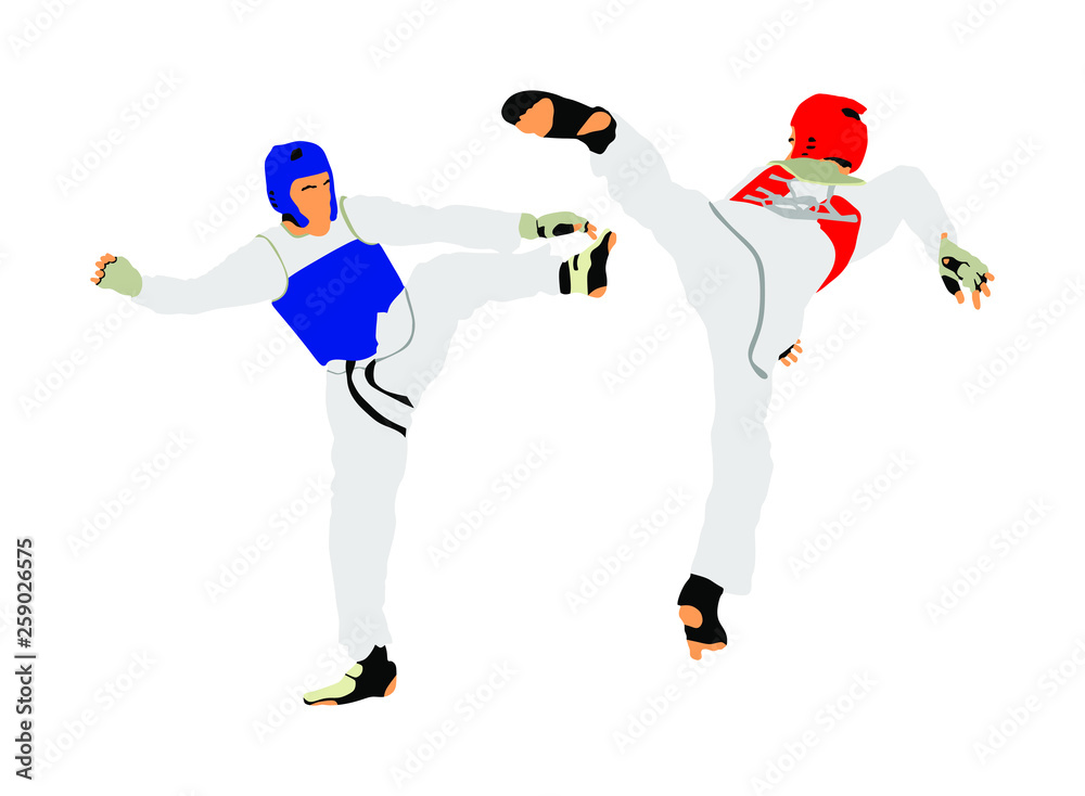Fight between two taekwondo fighters vector illustration isolated. Sparring on training action. Self defense skills exercising concept. Warriors in the martial arts battle. Combat competition. 