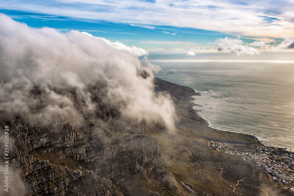 Beautiful View of Table Mountain from the Top with the Clouds Moving
