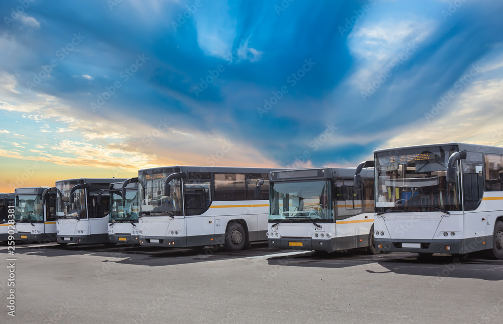 Buses on Parking on the background of cloudy sky