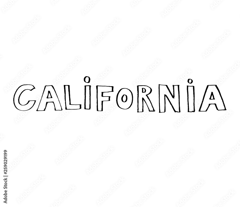 Typography slogan with tropical leaves. Hand drawn California for t shirt printing.
