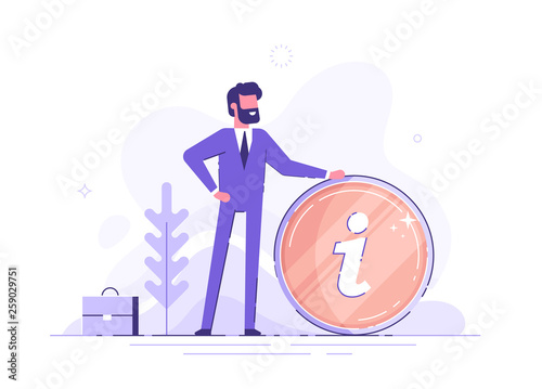 Handsome businessman and info sign. Information, FAQ, notice and advertisement concept. Banner for web page. Modern vector illustration.  