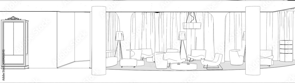 restaurant, 3D illustration, sketch, outline