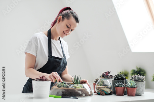 Young woman florist and gardener. Light background  white T-shirt and apron. Cares and grows flowers and plants in pots.