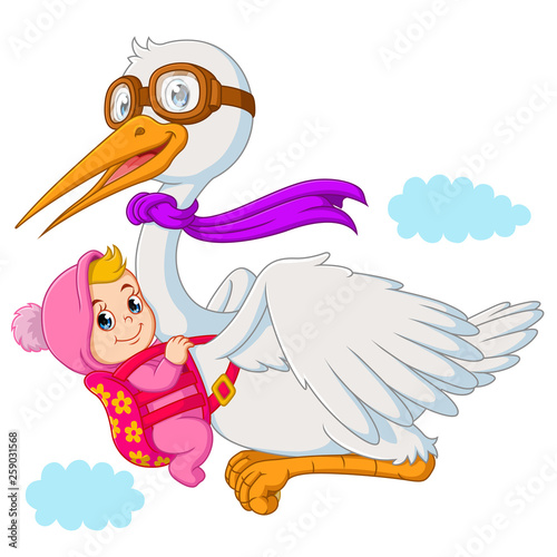 Cartoon stork with baby girls