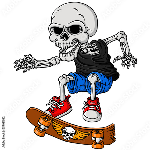 cartoon skull playing skateboard