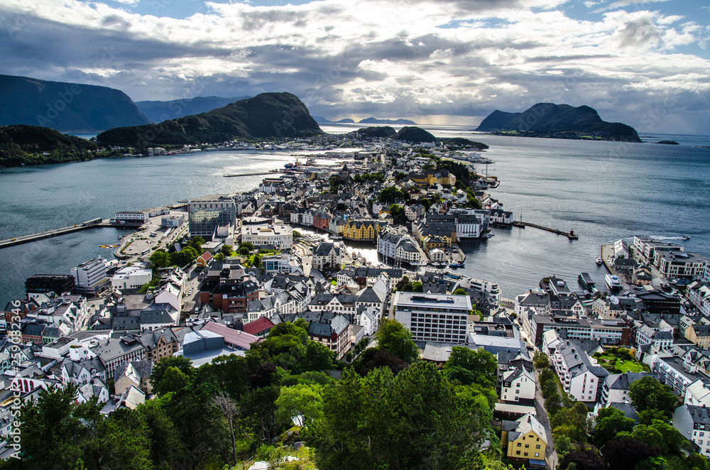 Overview of Alesund town from the Aksla viewpoint during the late evening before sunset
