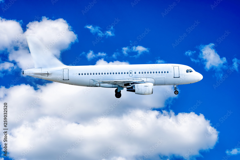 Obraz premium Big jet flying on background of cloudy blue sky.