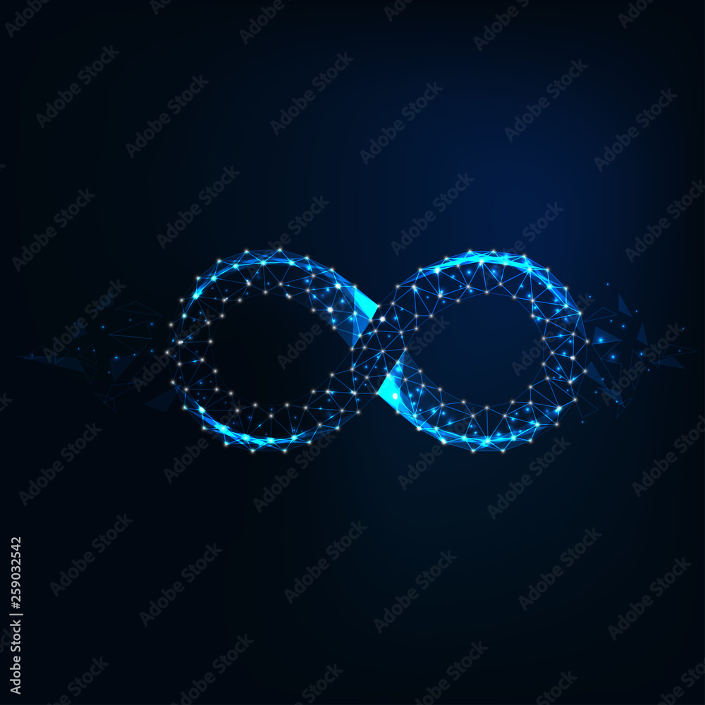 Futuristic glow low polygonal infinity sign made of stars, lines, triangles on dark blue background.