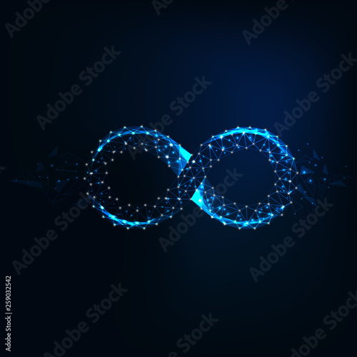 Futuristic glow low polygonal infinity sign made of stars, lines, triangles on dark blue background.