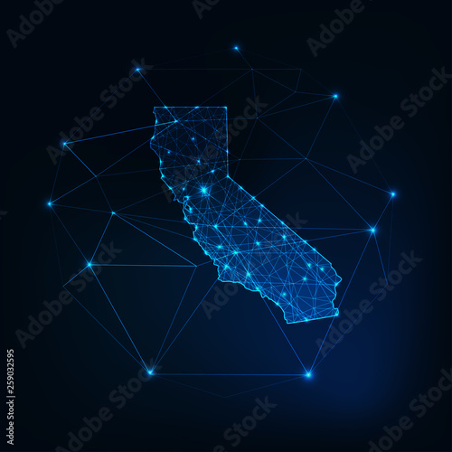 California state USA map glowing silhouette outline made of stars lines dots triangles, low polygonal shapes.
