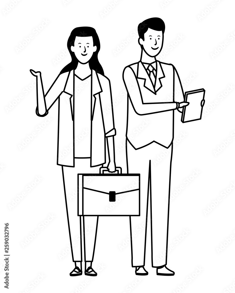 business couple avatar cartoon character black and white