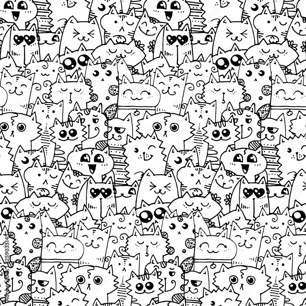 Cute doodle cats seamless pattern. Great for coloring book, wrapping, printing, fabric and textile