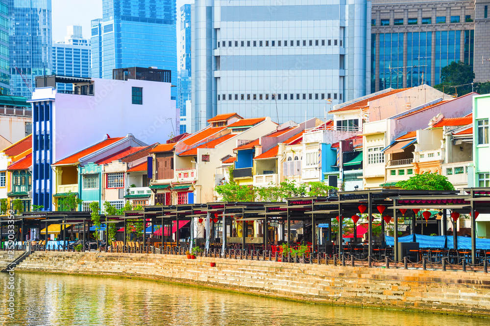 Singapore cityscape, Boat Quay restaurants - obrazy, fototapety, plakaty 