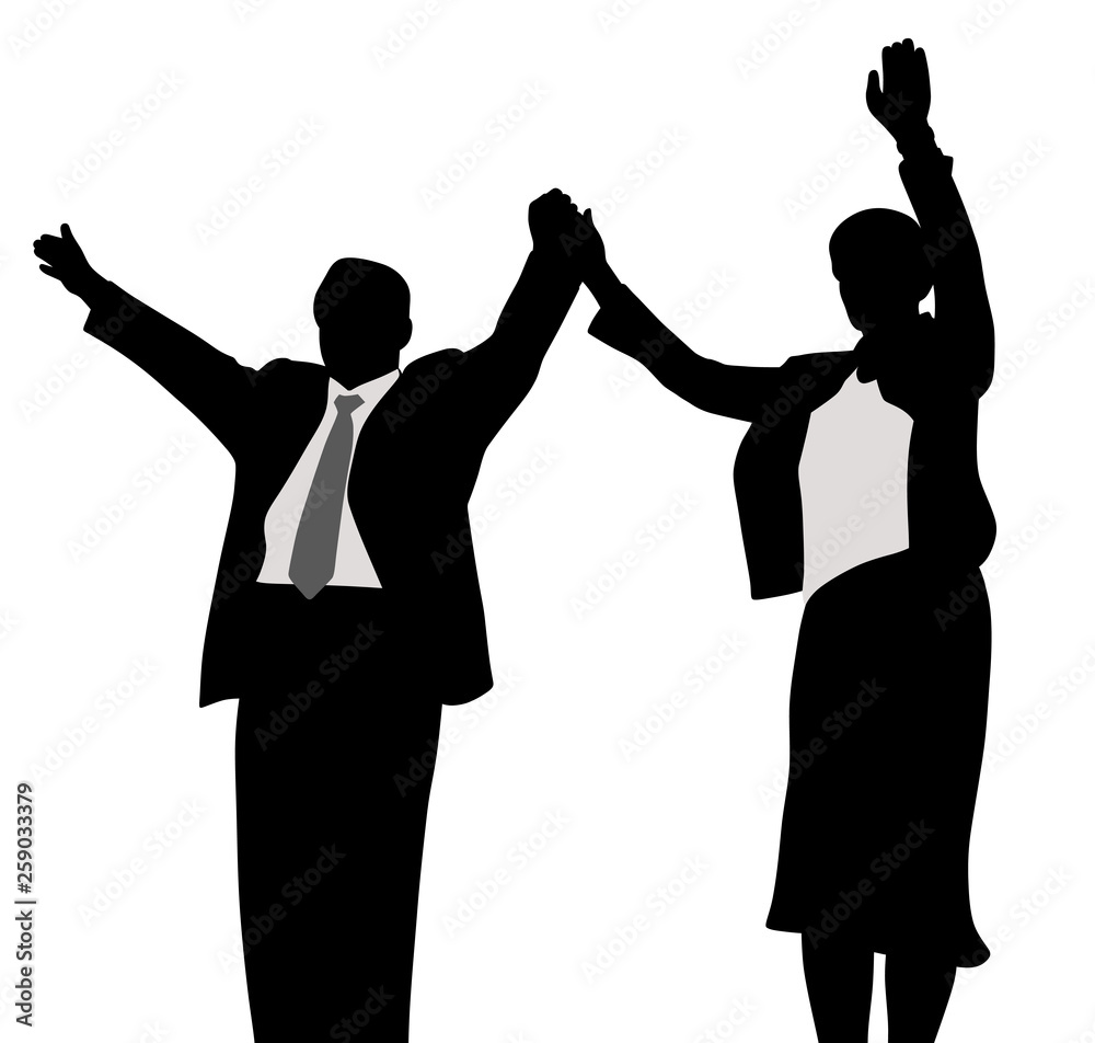 Husband and wife business political campaign winners, waving raised hands.